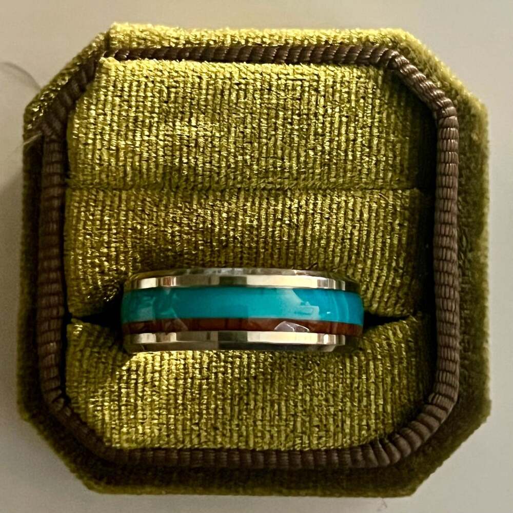 Tungsten Ring Koa Wood & Turquoise Inlay 8mm Band Size 10